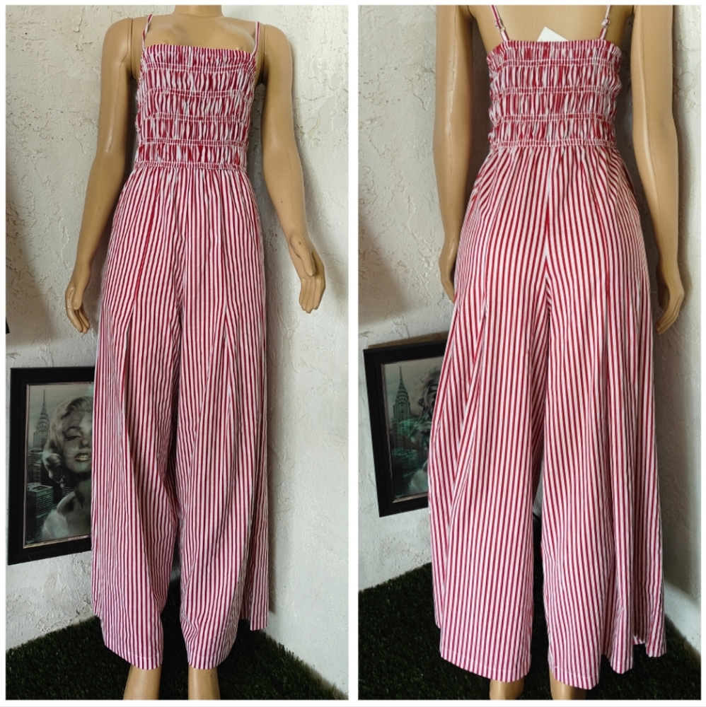 Smocked Bodice Redstripe Jumpsuit